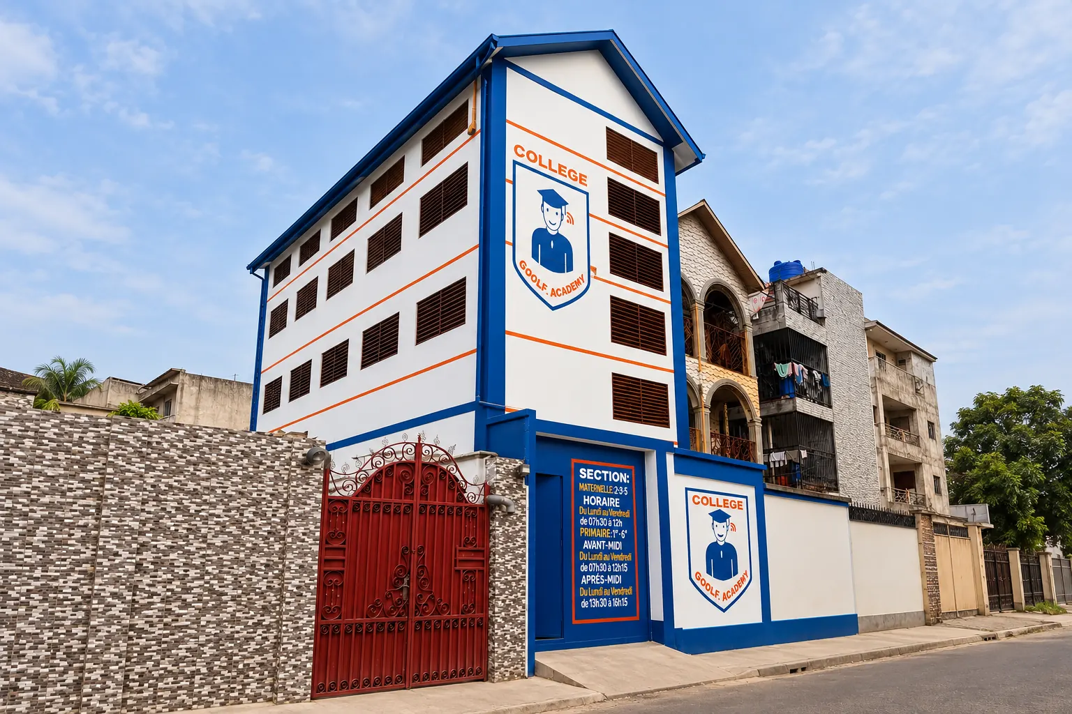 Façade blanche et bleue du Collège Goolf Academy avec son blason et son portail