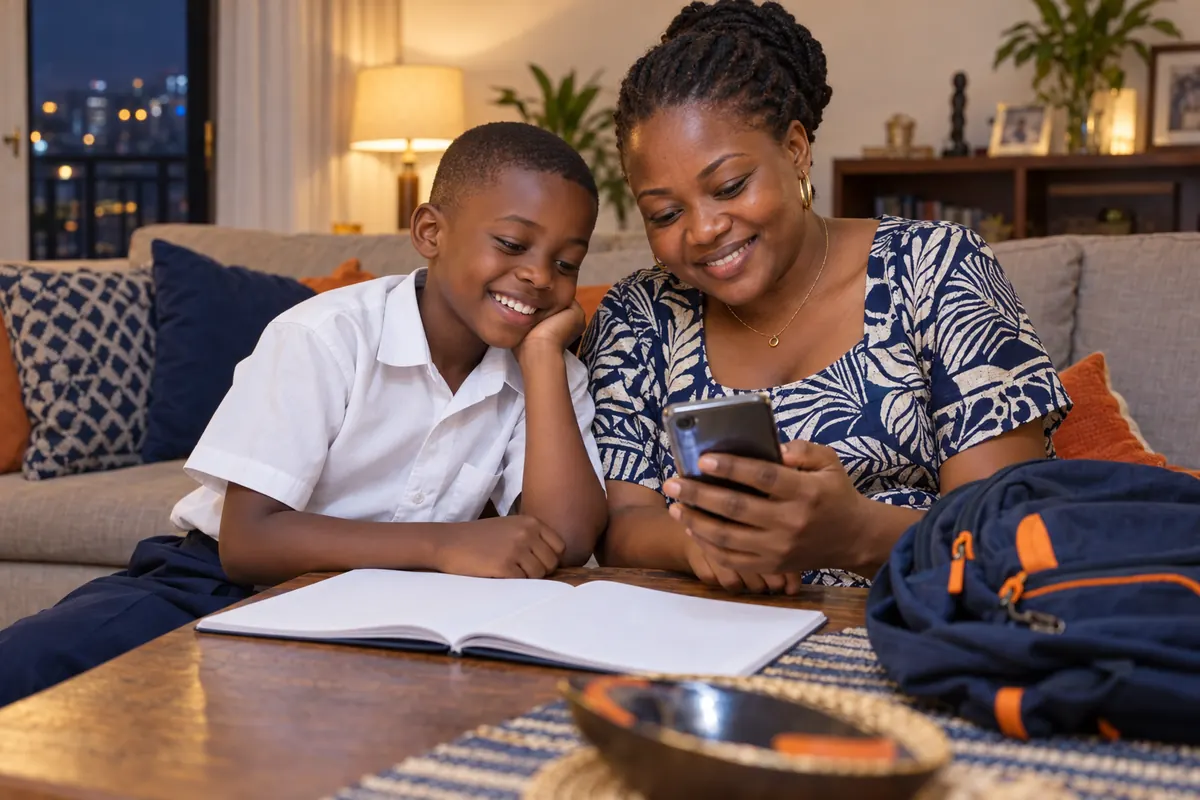Une maman et son fils en uniforme consultent l'espace famille sur un smartphone