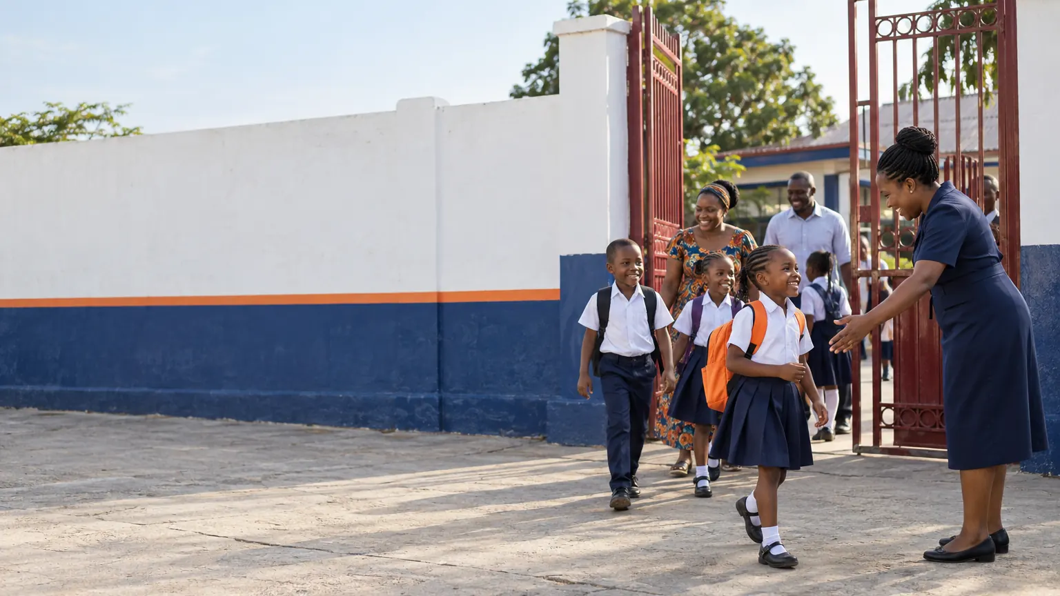Le matin à l'entrée de l'école : une enseignante accueille les élèves en uniforme et leurs parents