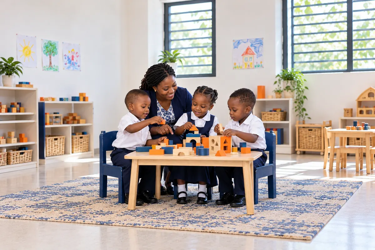 Enfants de maternelle jouant avec des cubes en bois avec leur maîtresse