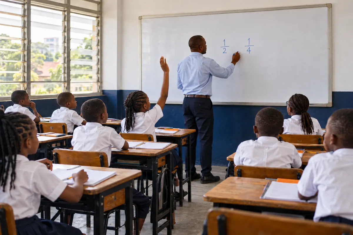 Classe de primaire : une élève lève la main pendant que l'enseignant écrit des fractions au tableau