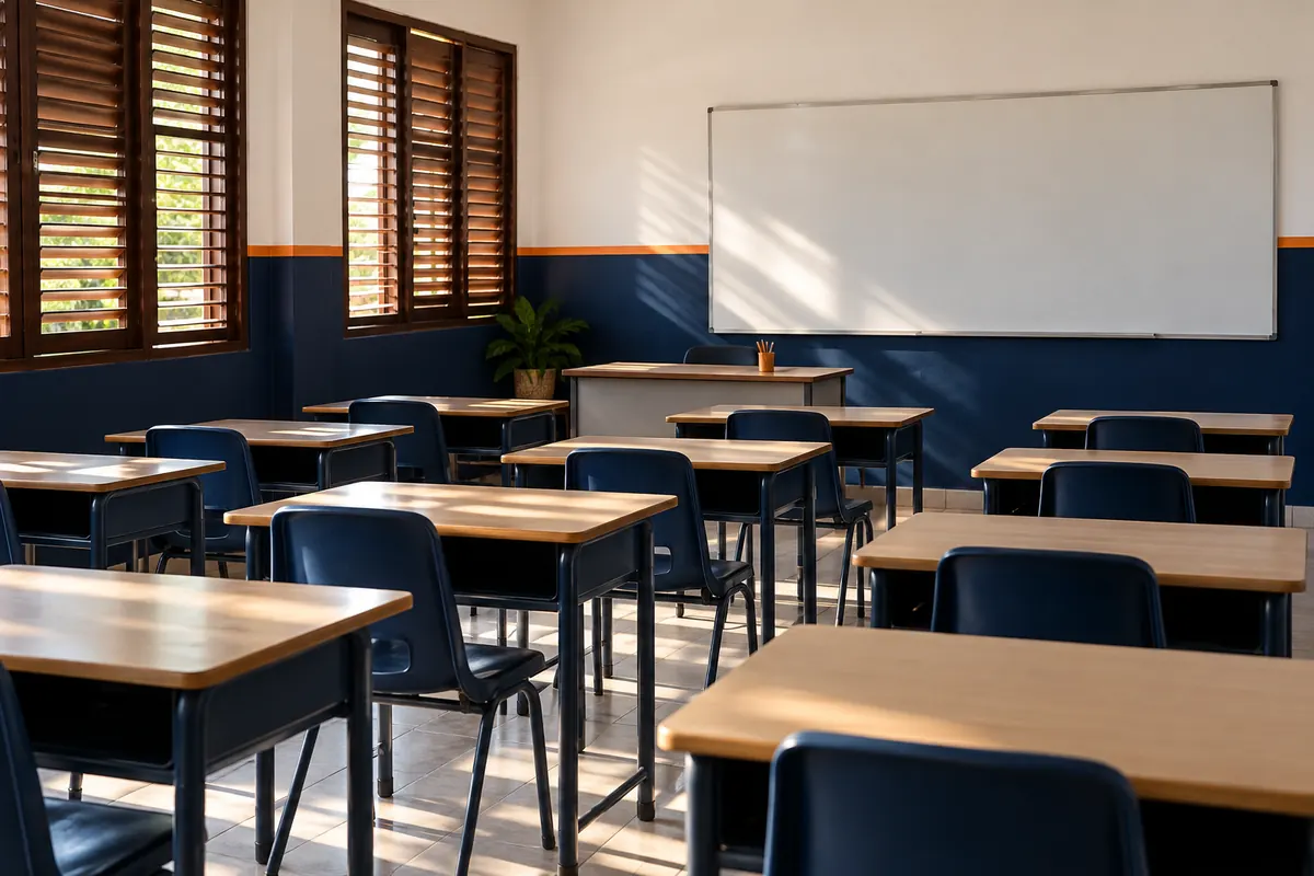 Salle de classe rangée, pupitres alignés et fenêtres à persiennes