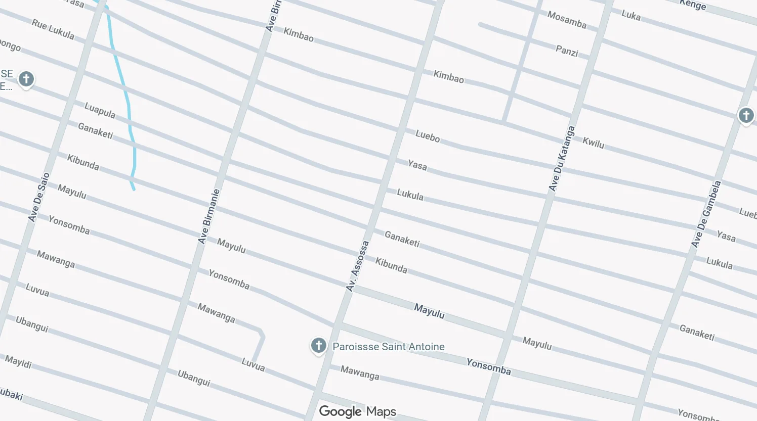 Plan du quartier autour de l'avenue Assossa, commune de Bumbu (fond de carte Google Maps)